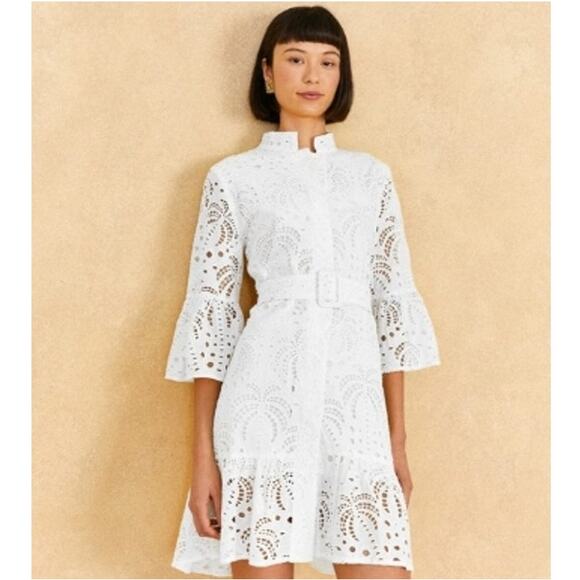FARM Rio Dresses & Skirts - Sm Farm Rio White Eyelet Palm Cotton Mini Dress Tropical Boho LWD Resortwear Fem